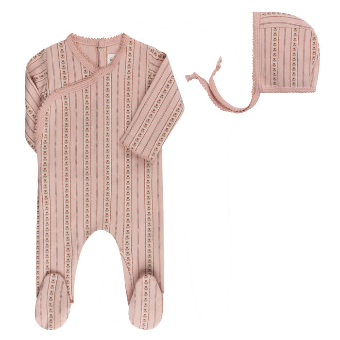 Baby Girl Footie and Bonnet - Pink - Linear Tulip