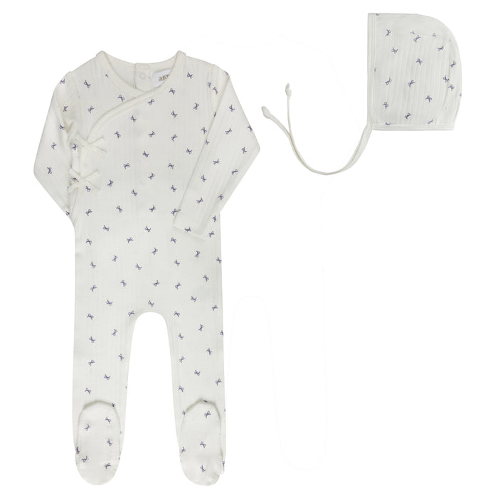 Baby Girl Footie and Bonnet – Ivory Lilac – Bow Pattern