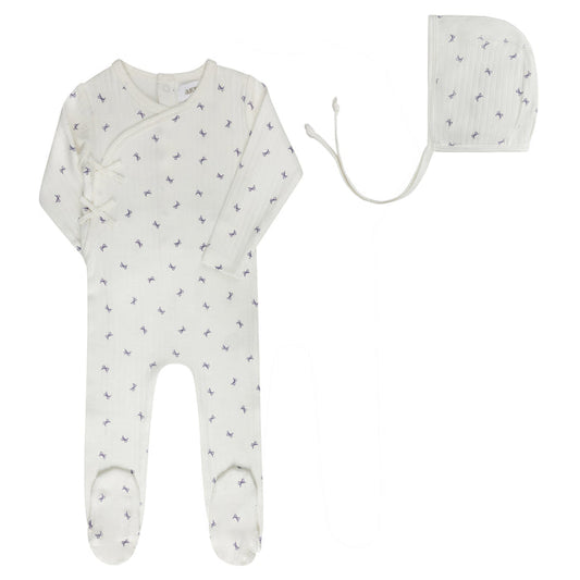 Baby Girl Footie and Bonnet – Ivory Lilac – Bow Pattern