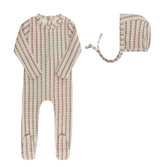 Baby Girl Footie and Bonnet – Ivory Pink – Linear Leaf