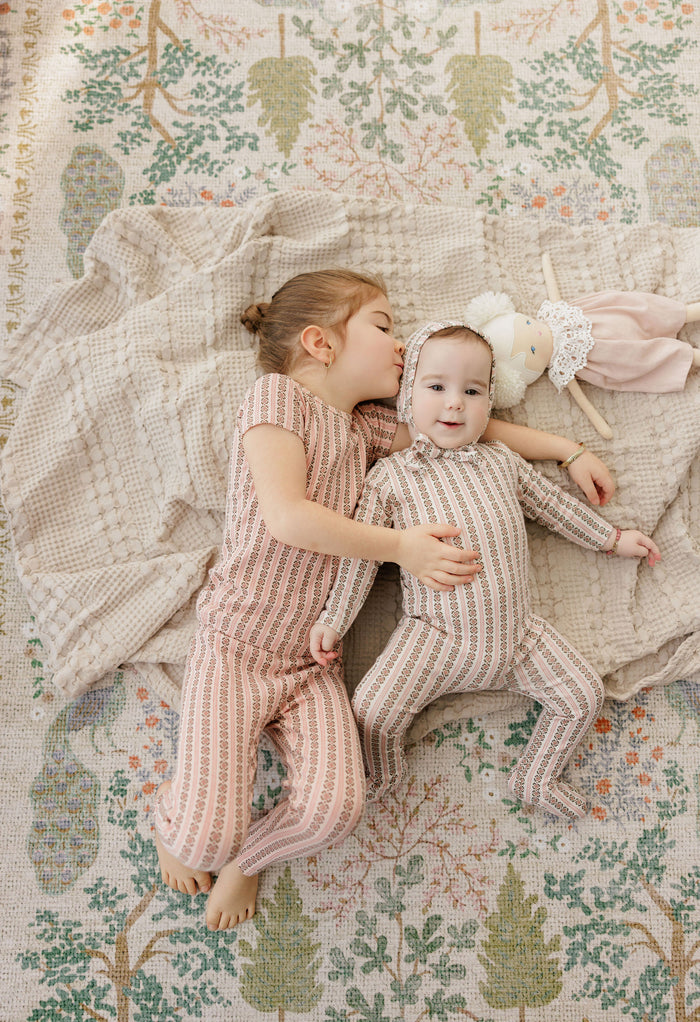 Baby Girl Footie and Bonnet – Ivory Pink – Linear Leaf