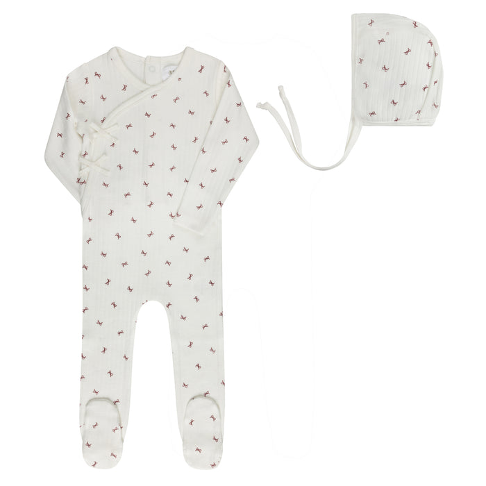 Baby Girl Footie and Bonnet – Ivory Red – Bow Pattern
