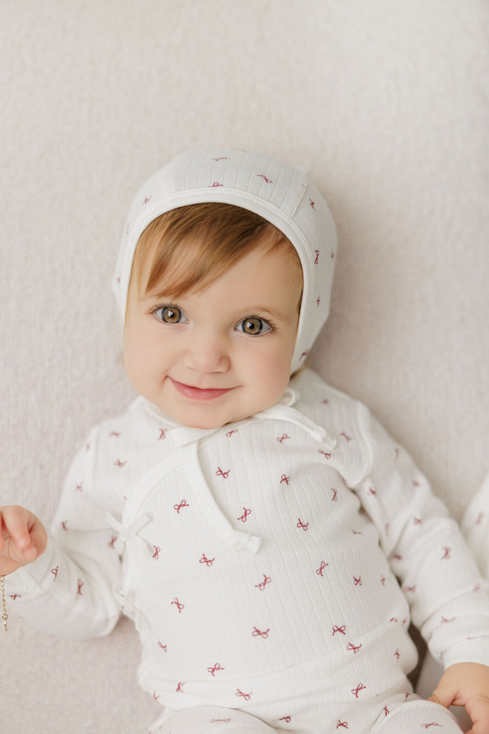 Baby Girl Footie and Bonnet – Ivory Red – Bow Pattern