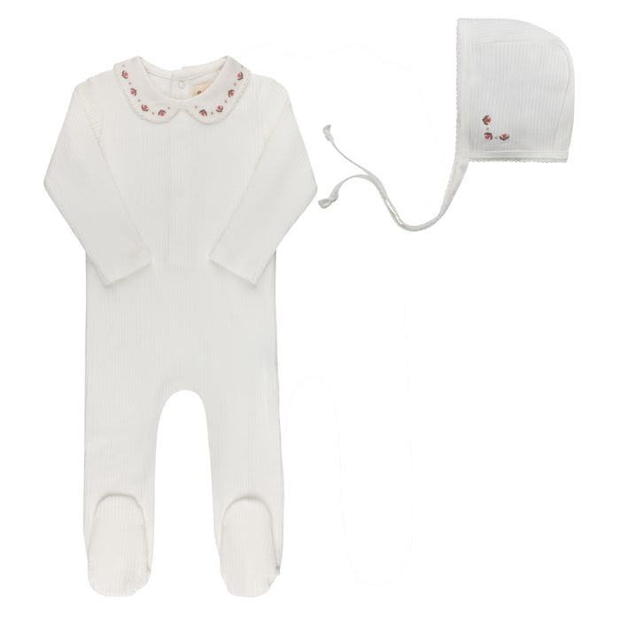 Baby Girl Footie and Bonnet – Ivory/Pink – Keepsake Collection