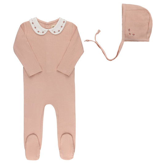 Baby Girl Footie and Bonnet – Pink – Keepsake Collection