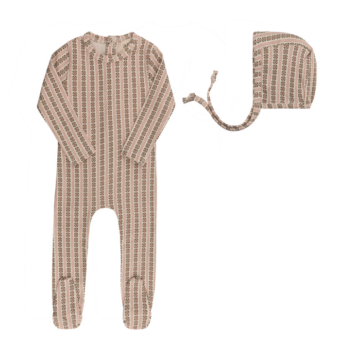 Baby Girl Footie and Bonnet – Pink – Linear Leaf