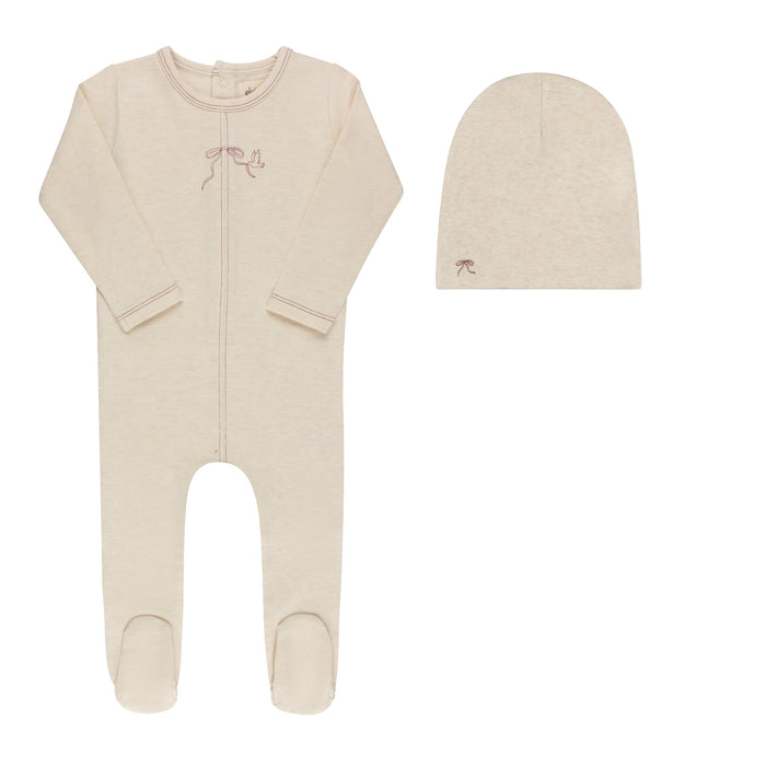 Baby Girl Footie & Beanie – Cream Burgundy – Bird Seam