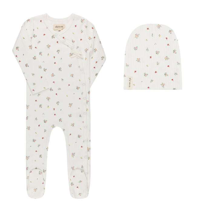 Baby Girl Footie & Beanie – Ivory Floral – Printed Floral Star