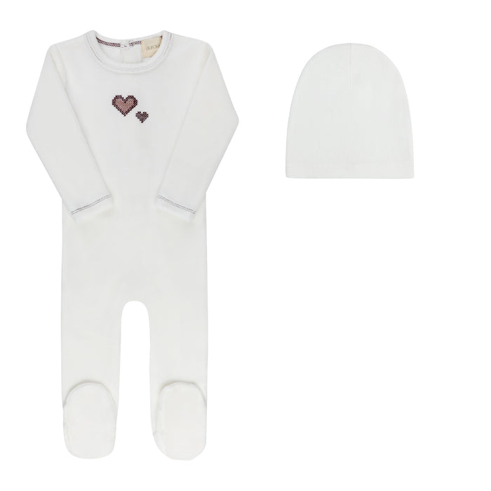 Baby Girl Footie & Beanie – Ivory Girl – Cross Stitch