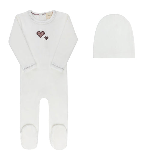 Baby Girl Footie & Beanie – Ivory Girl – Cross Stitch