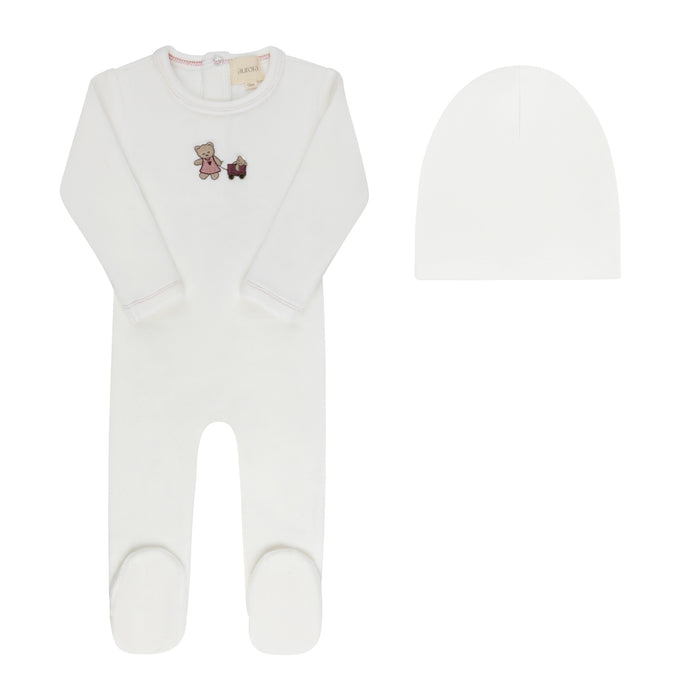 Baby Girl Footie & Beanie – Ivory Girl – Embroidered Bear