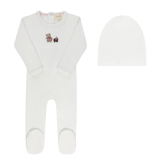 Baby Girl Footie & Beanie – Ivory Girl – Embroidered Bear