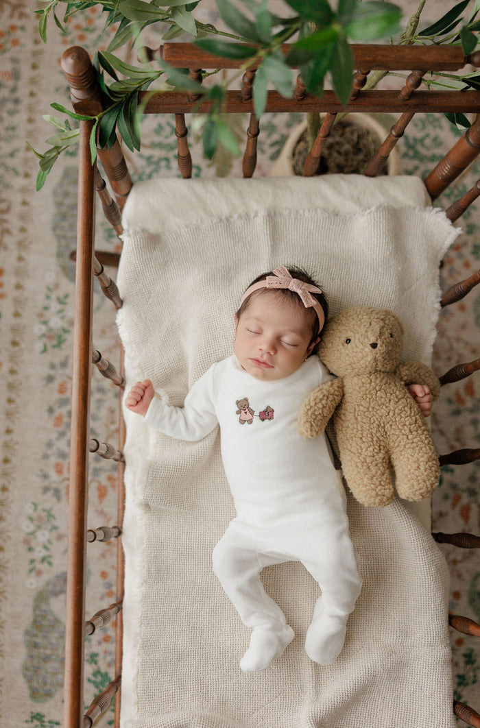 Baby Girl Footie & Beanie – Ivory Girl – Embroidered Bear