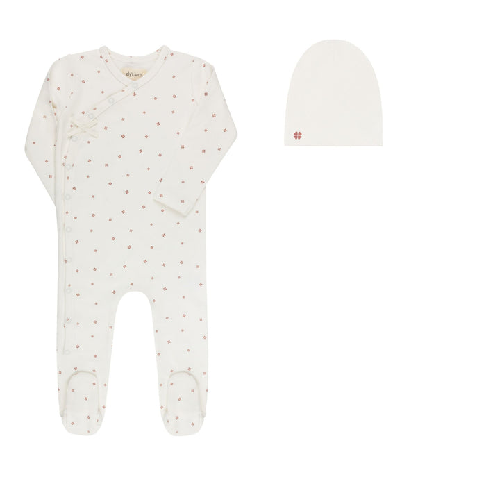 Baby Girl Footie & Beanie – Ivory Pink – Clover Print