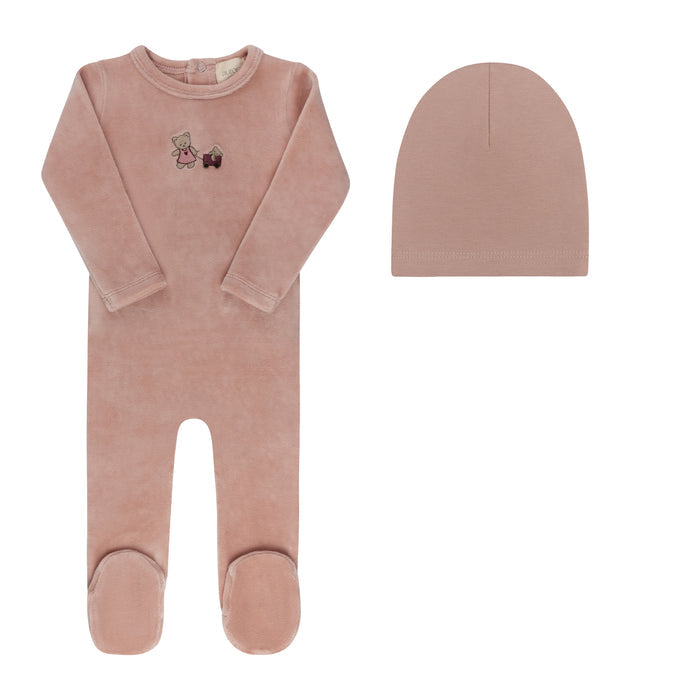 Baby Girl Footie & Beanie – Pink – Embroidered Bear