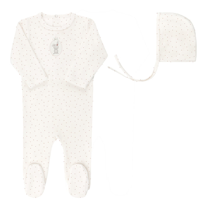 Baby Girl Footie & Bonnet – Ivory Girl – Bunny Pin Dot