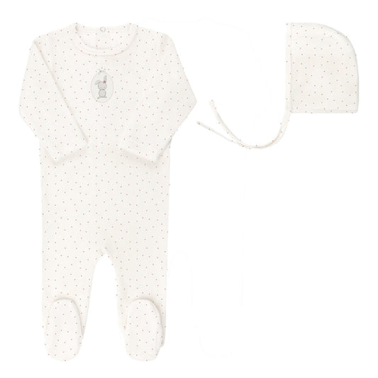 Baby Girl Footie & Bonnet – Ivory Girl – Bunny Pin Dot