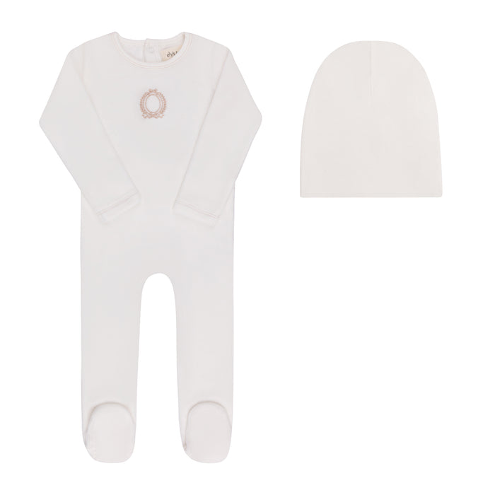 Baby Girl Footie & Bonnet – Ivory Girl – Metallic Crest