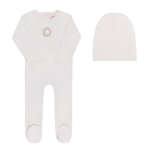 Baby Girl Footie & Bonnet – Ivory Girl – Metallic Crest