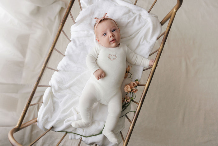 Baby Girl Footie & Bonnet – Ivory Girl – Metallic Wreath