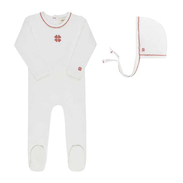 Baby Girl Footie & Bonnet – Ivory Pink – Embroidered Clover