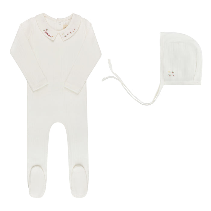 Baby Girl Footie & Bonnet – Ivory Pink – Floral Star Embroidered Collar