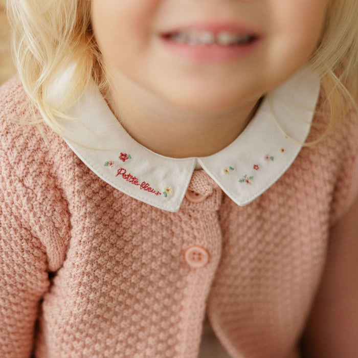 Baby Girl Footie & Bonnet – Ivory Pink – Floral Star Embroidered Collar