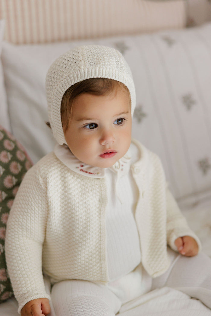 Baby Girl Footie & Bonnet – Ivory Pink – Floral Star Embroidered Collar