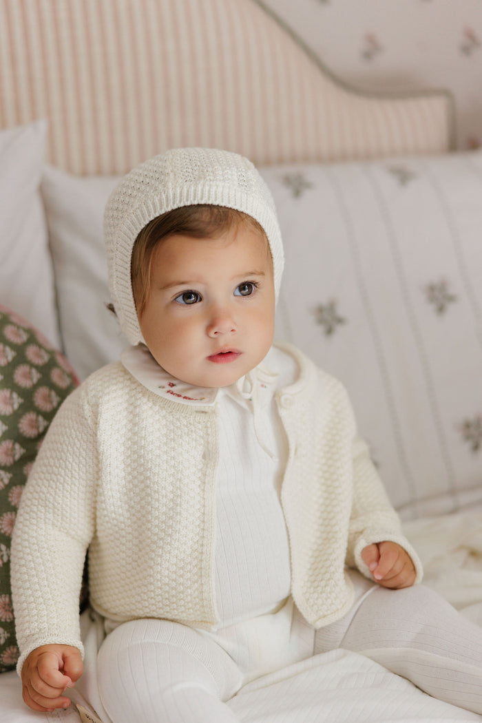 Baby Girl Footie & Bonnet – Ivory Pink – Floral Star Embroidered Collar