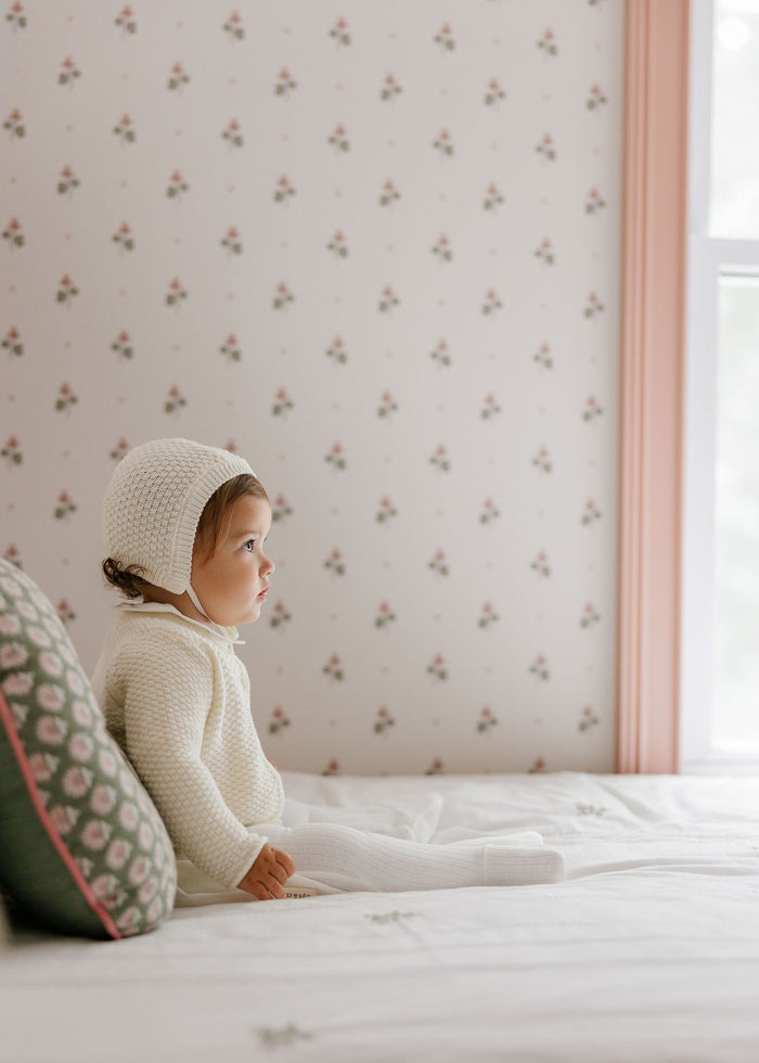 Baby Girl Footie & Bonnet – Ivory Pink – Floral Star Embroidered Collar