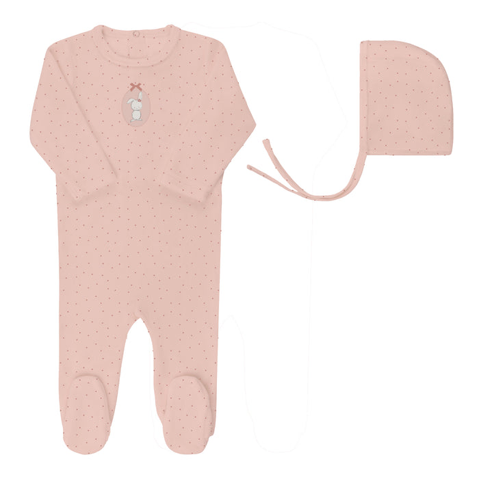 Baby Girl Footie & Bonnet – Pink – Bunny Pin Dot