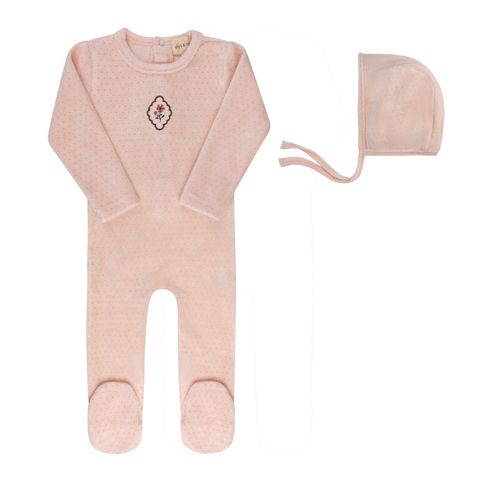 Baby Girl Footie & Bonnet – Pink – Embroidered Floral Dot