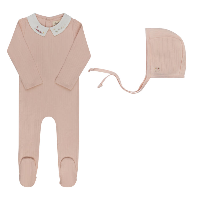 Baby Girl Footie & Bonnet – Pink – Floral Star Embroidered Collar