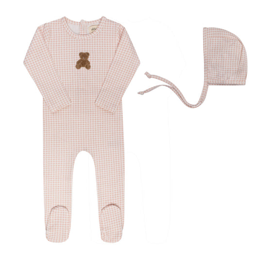 Baby Girl Footie & Bonnet – Pink – Gingham Teddy