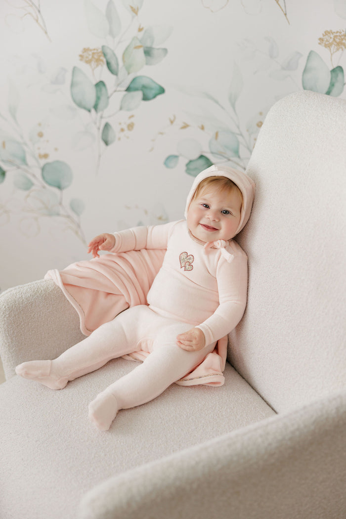 Baby Girl Footie & Hat – Pink – Embroidered Liberty