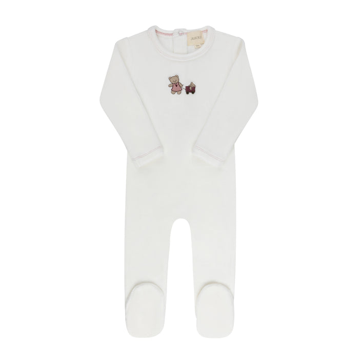 Baby Girl Footie – Ivory Girl – Embroidered Bear