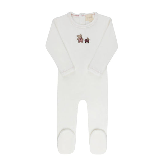Baby Girl Footie – Ivory Girl – Embroidered Bear