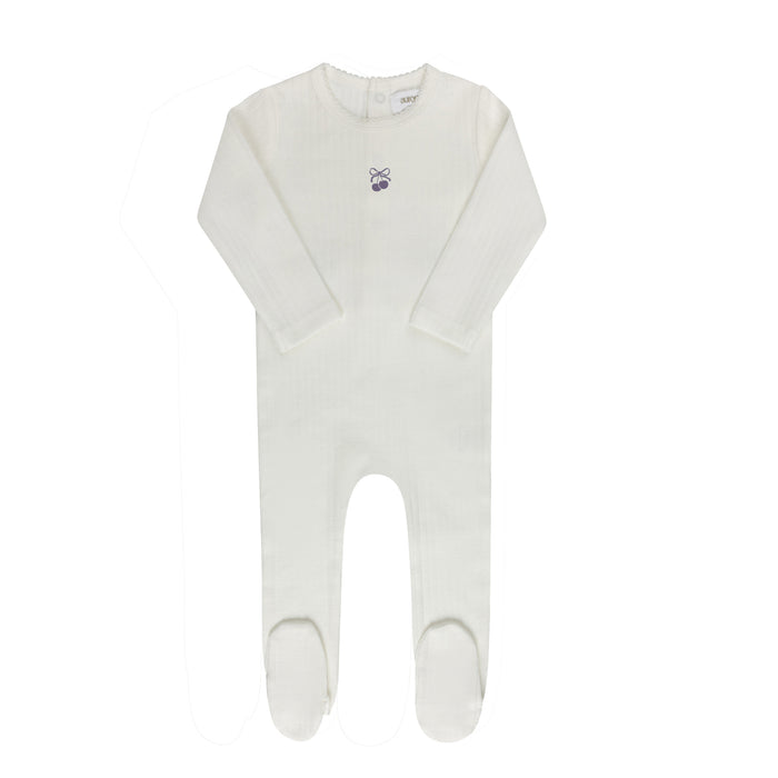 Baby Girl Footie – Ivory Lilac – Bow Print