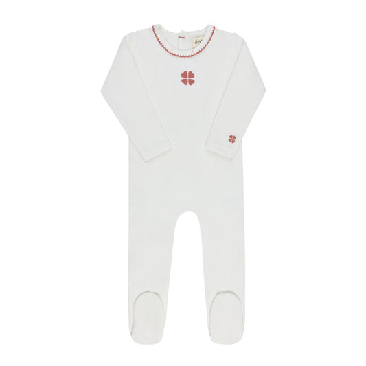 Baby Girl Footie – Ivory Pink – Embroidered Clover