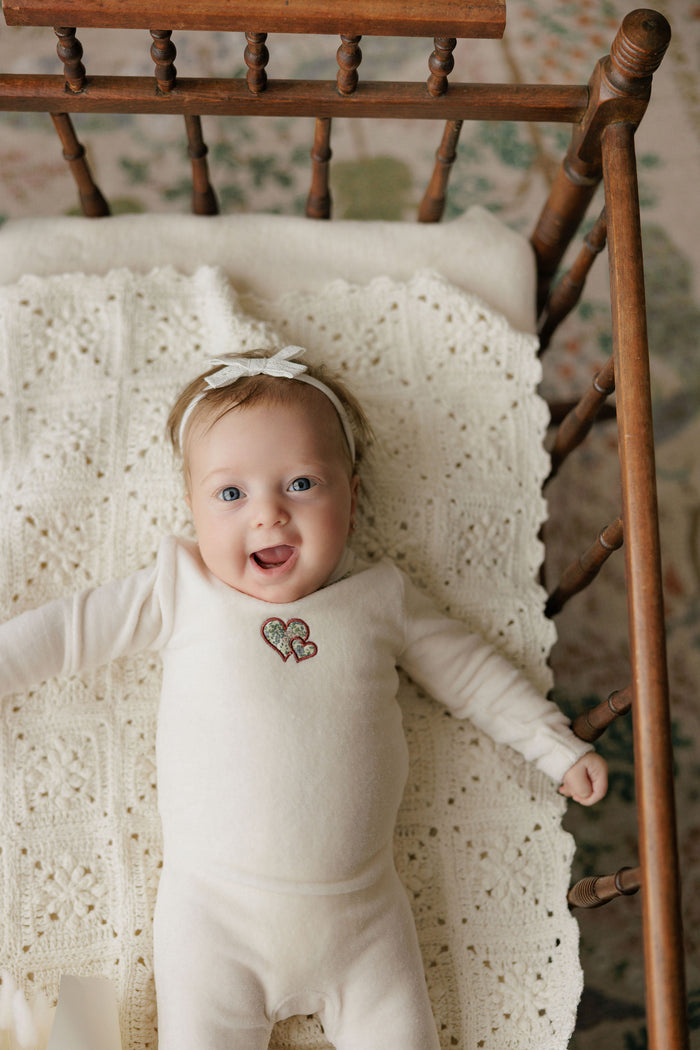 Baby Girl Footie – Ivory Pink – Embroidered Liberty
