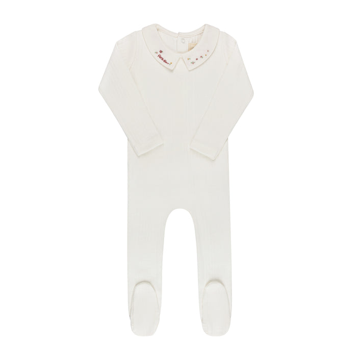 Baby Girl Footie – Ivory Pink – Floral Star Embroidered Collar