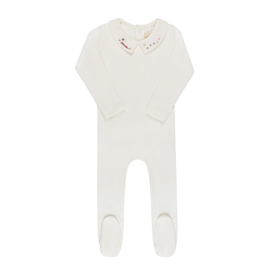 Baby Girl Footie – Ivory Pink – Floral Star Embroidered Collar