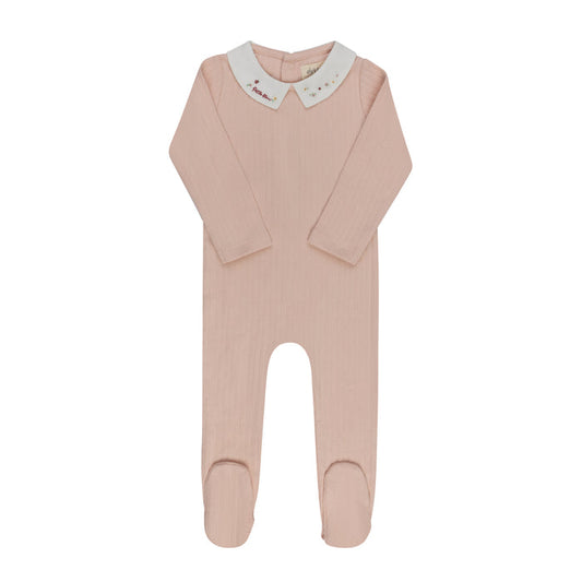 Baby Girl Footie – Pink – Floral Star Embroidered Collar