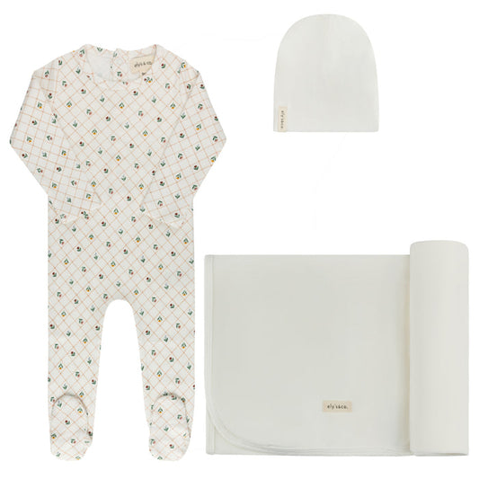 Baby Girl Layette Set - Ivory - Floral Grid