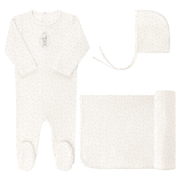 Baby Girl Layette Set – Ivory Girl – Bunny Pin Dot