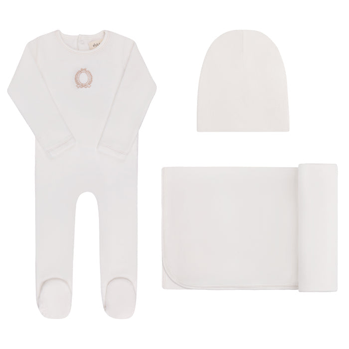 Baby Girl Layette Set – Ivory Girl – Metallic Crest