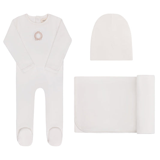 Baby Girl Layette Set – Ivory Girl – Metallic Crest