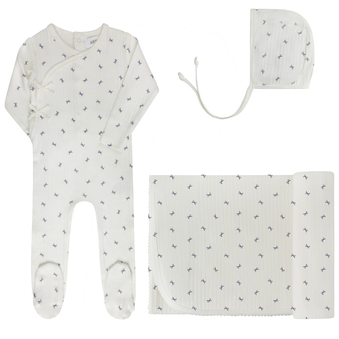 Baby Girl Layette Set – Ivory Lilac – Bow Pattern