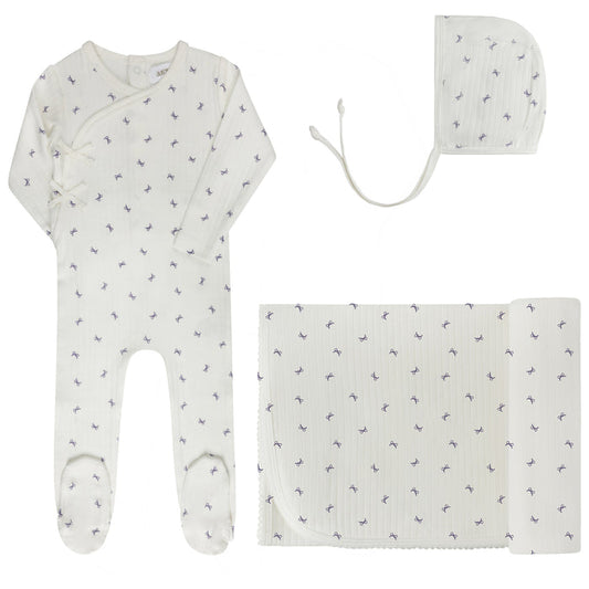 Baby Girl Layette Set – Ivory Lilac – Bow Pattern