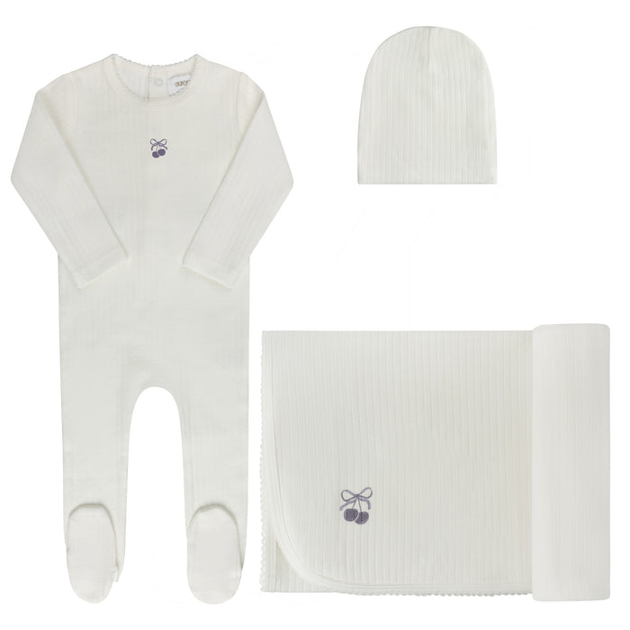 Baby Girl Layette Set – Ivory Lilac – Bow Print